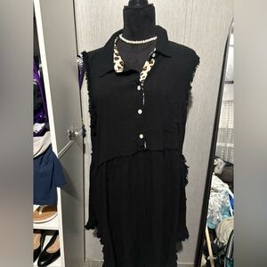 Black Sleeveless Button-Up Dress with Leopard Accents